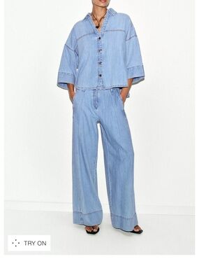 Light Wash Denim Button-Front Top and Wide Leg Jeans Set
